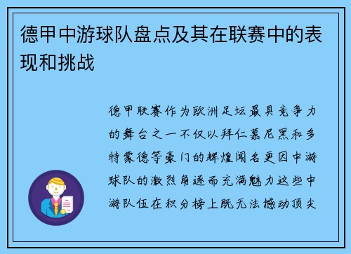 德甲中游球队盘点及其在联赛中的表现和挑战