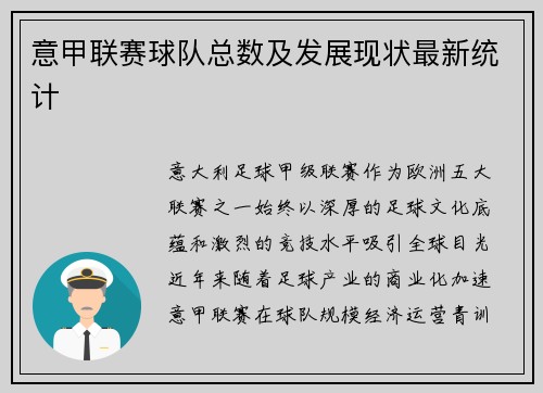 意甲联赛球队总数及发展现状最新统计